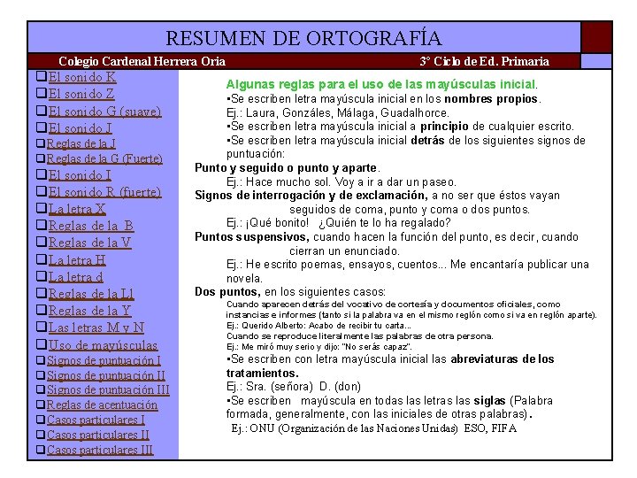 RESUMEN DE ORTOGRAFÍA Colegio Cardenal Herrera Oria q. El sonido K q. El sonido RESUMEN DE ORTOGRAFÍA Colegio Cardenal Herrera Oria q. El sonido K q. El sonido