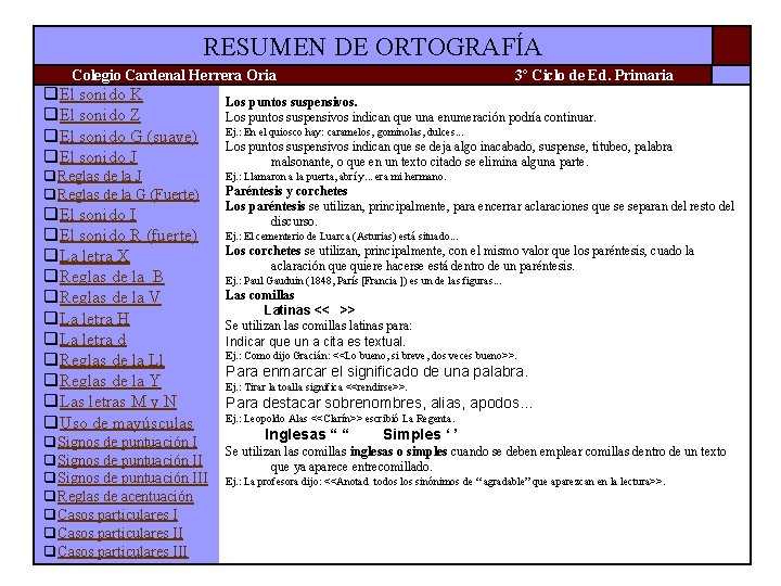 RESUMEN DE ORTOGRAFÍA Colegio Cardenal Herrera Oria q. El sonido K q. El sonido RESUMEN DE ORTOGRAFÍA Colegio Cardenal Herrera Oria q. El sonido K q. El sonido