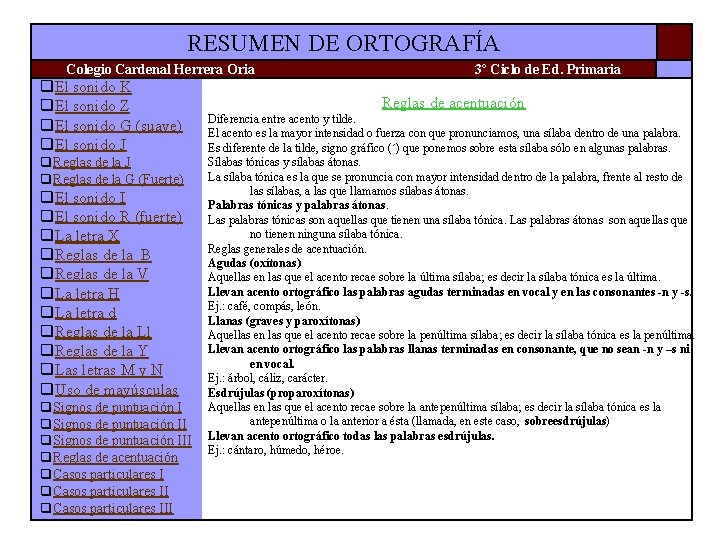 RESUMEN DE ORTOGRAFÍA Colegio Cardenal Herrera Oria q. El sonido K q. El sonido RESUMEN DE ORTOGRAFÍA Colegio Cardenal Herrera Oria q. El sonido K q. El sonido