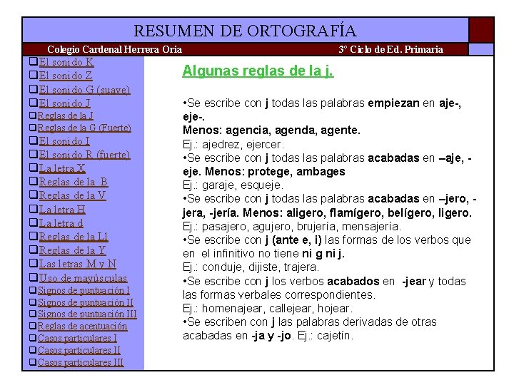 RESUMEN DE ORTOGRAFÍA Colegio Cardenal Herrera Oria q. El sonido K q. El sonido RESUMEN DE ORTOGRAFÍA Colegio Cardenal Herrera Oria q. El sonido K q. El sonido