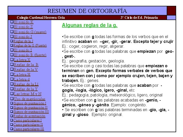 RESUMEN DE ORTOGRAFÍA Colegio Cardenal Herrera Oria q. El sonido K q. El sonido RESUMEN DE ORTOGRAFÍA Colegio Cardenal Herrera Oria q. El sonido K q. El sonido