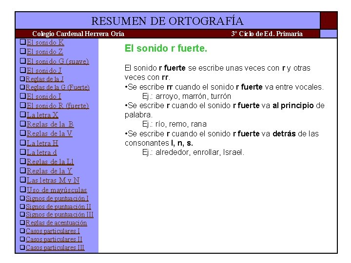 RESUMEN DE ORTOGRAFÍA Colegio Cardenal Herrera Oria q. El sonido K q. El sonido RESUMEN DE ORTOGRAFÍA Colegio Cardenal Herrera Oria q. El sonido K q. El sonido