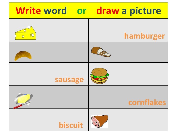 Write word or draw a picture hamburger sausage cornflakes biscuit 