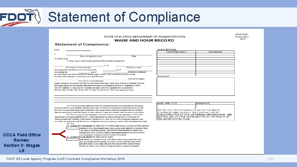 Statement of Compliance CCCA Field Office Review: Section V: Wages L 6 FDOT D