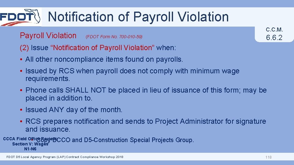 Notification of Payroll Violation C. C. M. 6. 6. 2 (FDOT Form No. 700