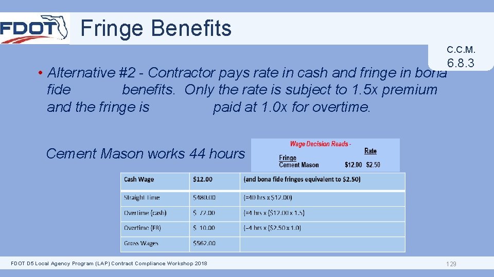 Fringe Benefits C. C. M. • Alternative #2 - Contractor pays rate in cash