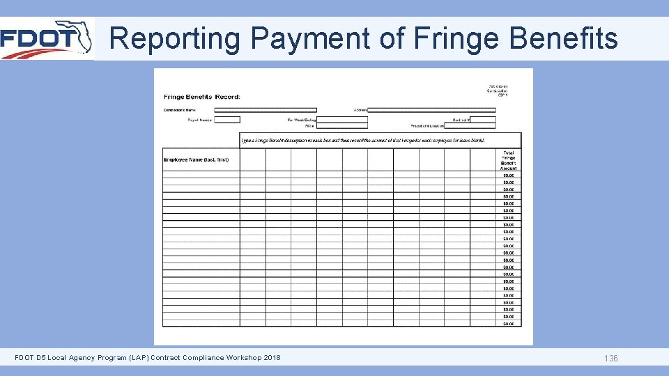 Reporting Payment of Fringe Benefits FDOT D 5 Local Agency Program (LAP) Contract Compliance