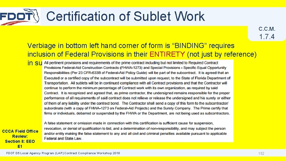 Certification of Sublet Work C. C. M. 1. 7. 4 Verbiage in bottom left