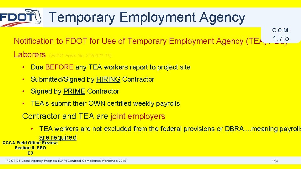 Temporary Employment Agency C. C. M. Notification to FDOT for Use of Temporary Employment