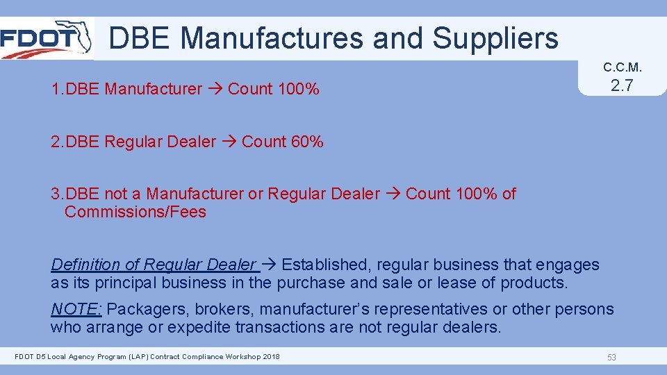 DBE Manufactures and Suppliers C. C. M. 1. DBE Manufacturer Count 100% 2. 7