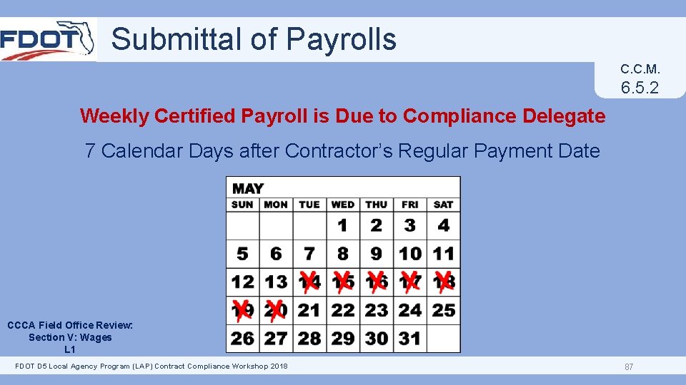 Submittal of Payrolls C. C. M. 6. 5. 2 Weekly Certified Payroll is Due