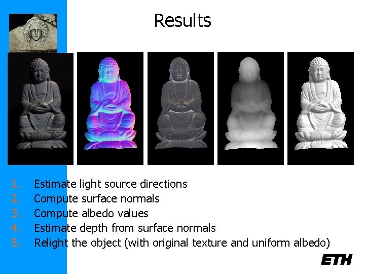 Results 1. 2. 3. 4. 5. Estimate light source directions Compute surface normals Compute