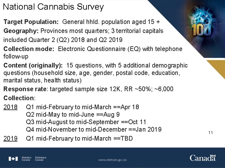 National Cannabis Survey Target Population: General hhld. population aged 15 + Geography: Provinces most