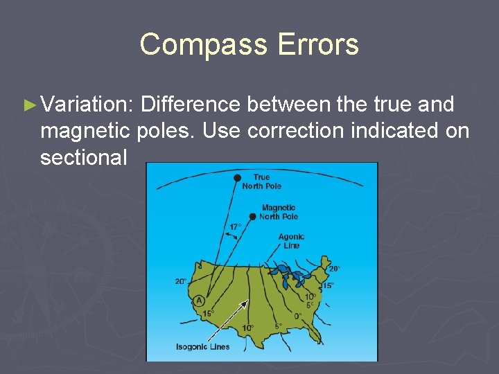 Compass Errors ► Variation: Difference between the true and magnetic poles. Use correction indicated