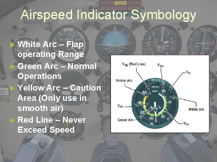 Airspeed Indicator Symbology ► White Arc – Flap operating Range ► Green Arc –