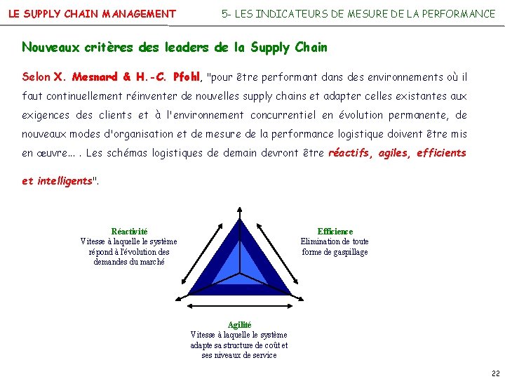 LE SUPPLY CHAIN MANAGEMENT 5 - LES INDICATEURS DE MESURE DE LA PERFORMANCE Nouveaux