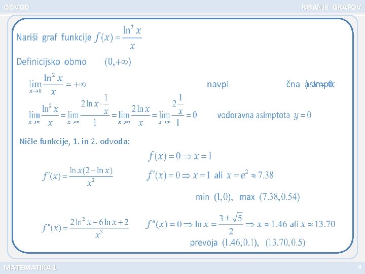 ODVOD RISANJE GRAFOV Ničle funkcije, 1. in 2. odvoda: MATEMATIKA 1 4 