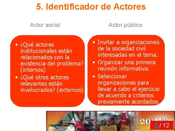 5. Identificador de Actores Actor social • ¿Qué actores institucionales están relacionados con la