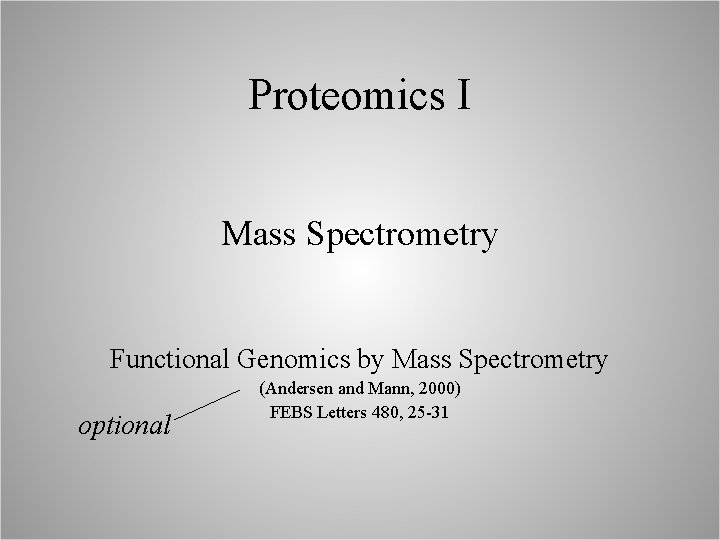 Proteomics I Mass Spectrometry Functional Genomics by Mass Spectrometry optional (Andersen and Mann, 2000)