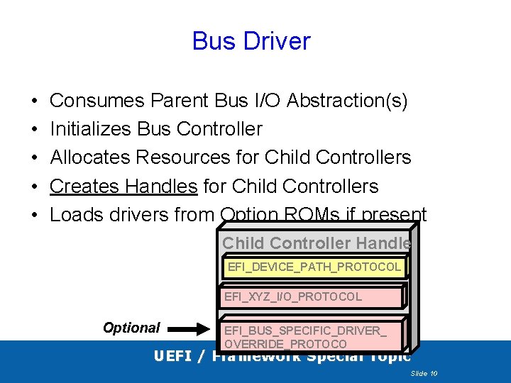 Bus Driver • • • Consumes Parent Bus I/O Abstraction(s) Initializes Bus Controller Allocates Bus Driver • • • Consumes Parent Bus I/O Abstraction(s) Initializes Bus Controller Allocates