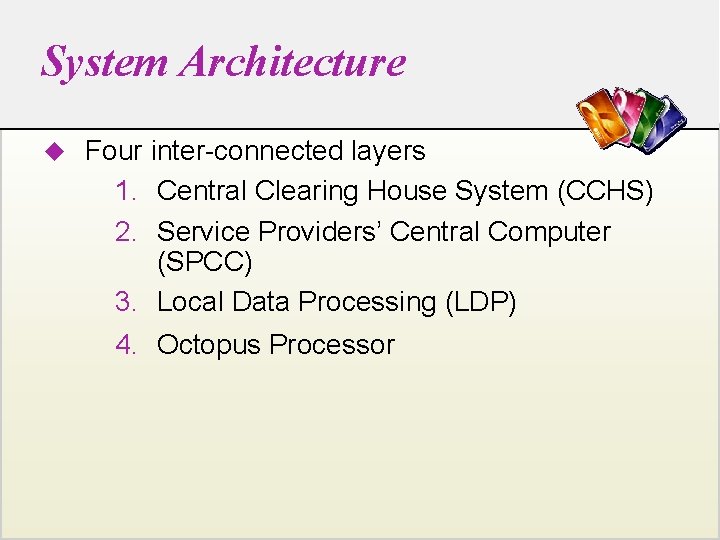 System Architecture u Four inter-connected layers 1. Central Clearing House System (CCHS) 2. Service
