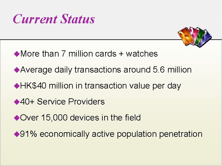 Current Status u. More than 7 million cards + watches u. Average u. HK$40