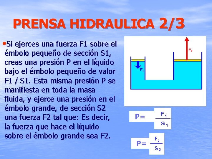 PRENSA HIDRAULICA 2/3 • Si ejerces una fuerza F 1 sobre el émbolo pequeño