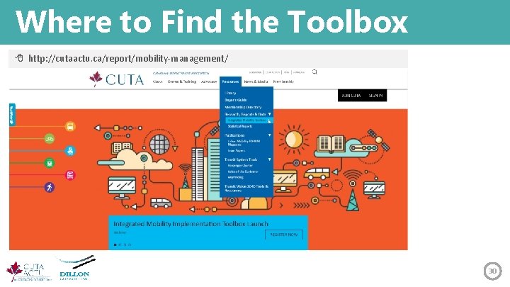 Where to Find the Toolbox http: //cutaactu. ca/report/mobility-management/ 30 