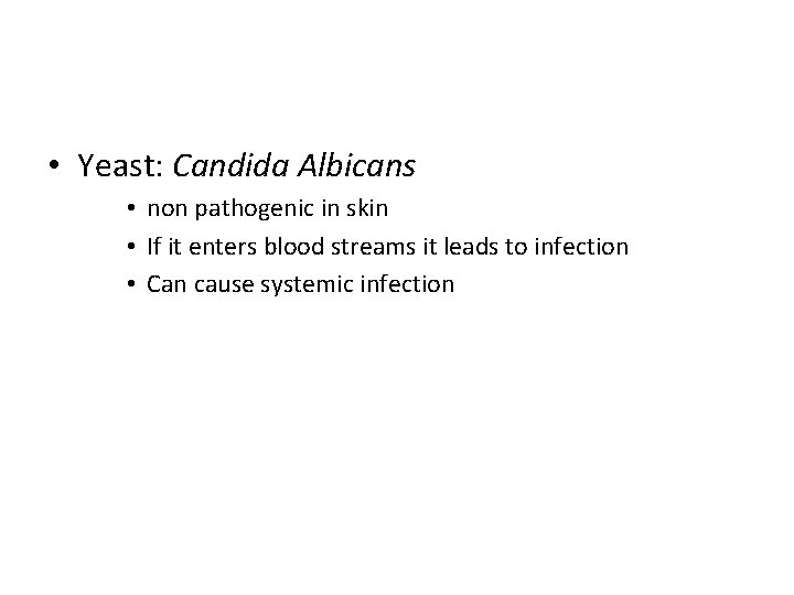  • Yeast: Candida Albicans • non pathogenic in skin • If it enters