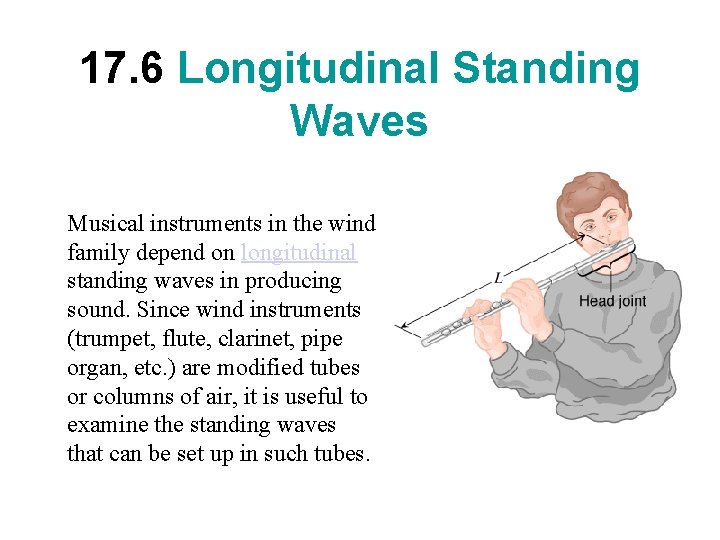 17. 6 Longitudinal Standing Waves Musical instruments in the wind family depend on longitudinal