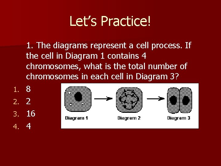 Let’s Practice! 1. 2. 3. 4. 1. The diagrams represent a cell process. If