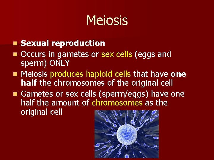 Meiosis n n Sexual reproduction Occurs in gametes or sex cells (eggs and sperm)