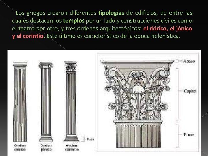 Los griegos crearon diferentes tipologías de edificios, de entre las cuales destacan los templos
