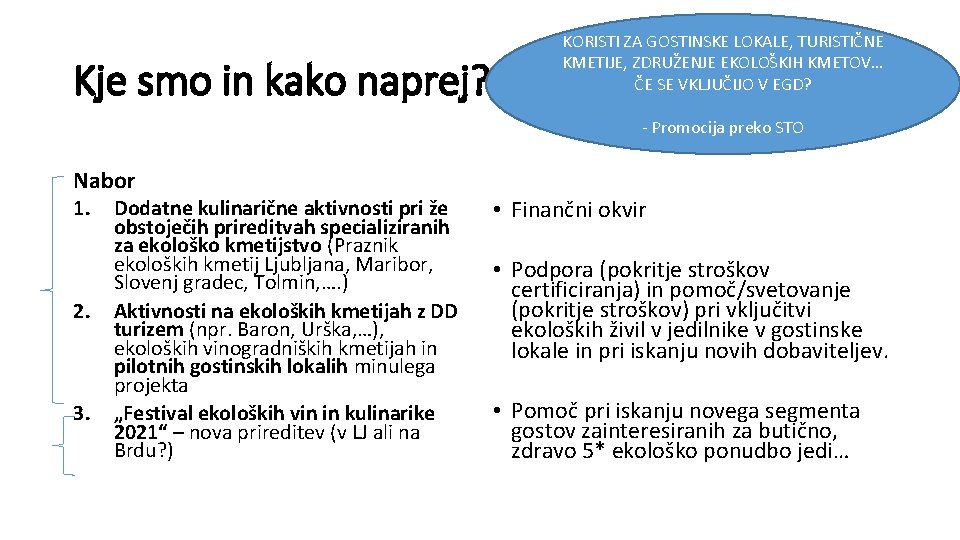 Kje smo in kako naprej? KORISTI ZA GOSTINSKE LOKALE, TURISTIČNE KMETIJE, ZDRUŽENJE EKOLOŠKIH KMETOV…