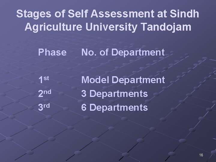 Stages of Self Assessment at Sindh Agriculture University Tandojam Phase No. of Department 1