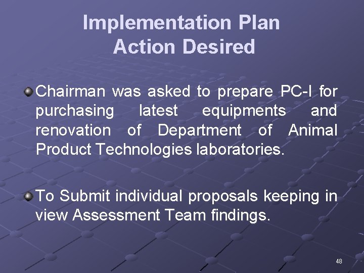 Implementation Plan Action Desired Chairman was asked to prepare PC-I for purchasing latest equipments