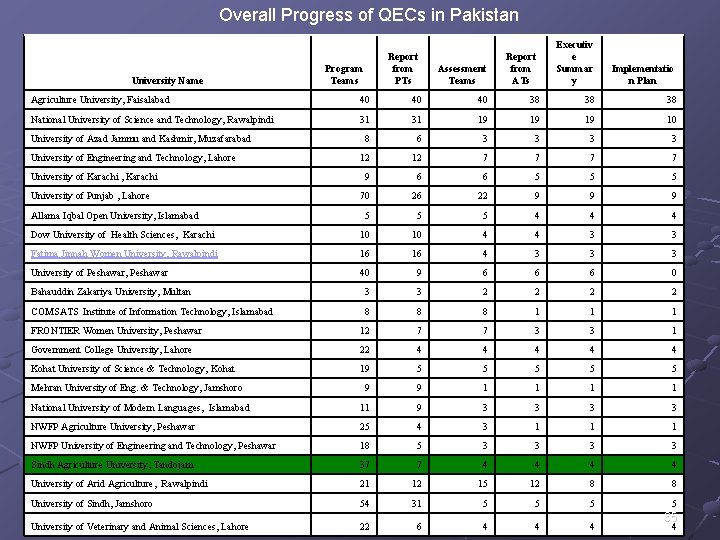 Overall Progress of QECs in Pakistan University Name Report from PTs Program Teams Assessment