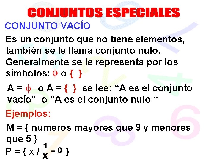 CONJUNTO VACÍO Es un conjunto que no tiene elementos, también se le llama conjunto