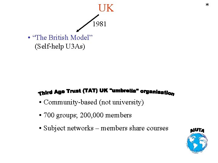 UK 1981 • “The British Model” (Self-help U 3 As) • Community-based (not university)