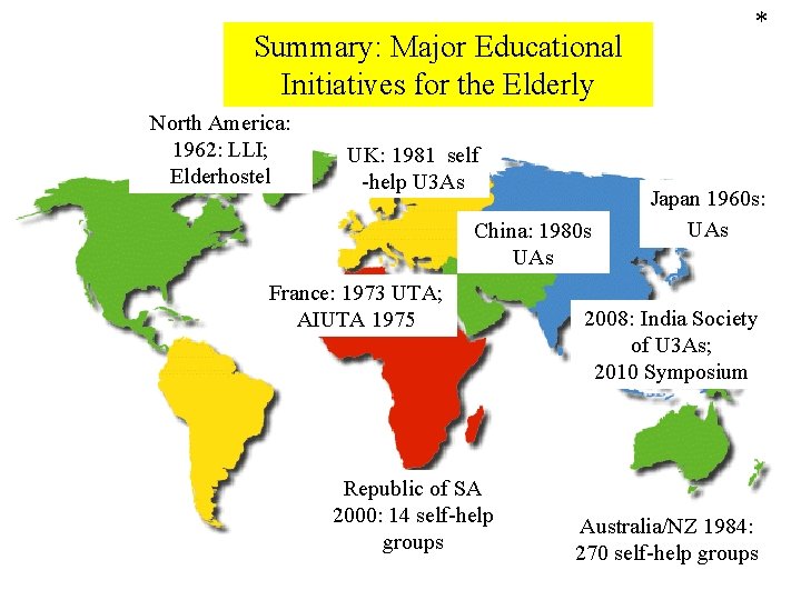 Summary: Major Educational Initiatives for the Elderly North America: 1962: LLI; Elderhostel UK: 1981
