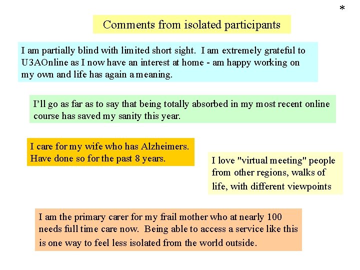 * Comments from isolated participants I am partially blind with limited short sight. I