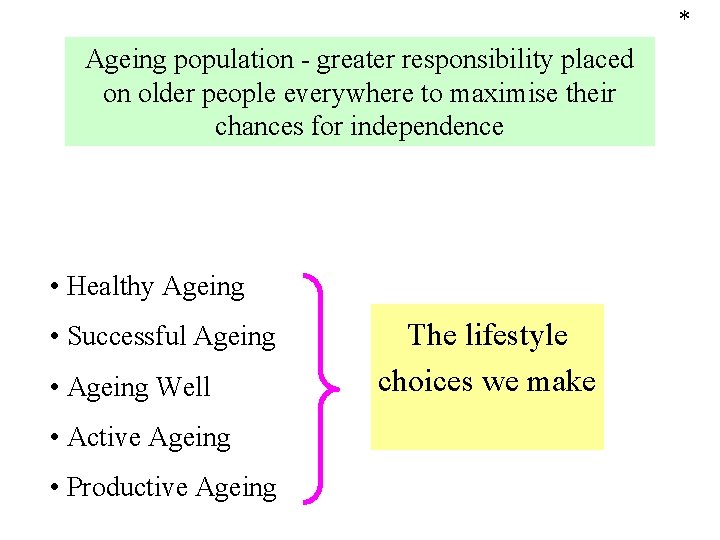 * Ageing population - greater responsibility placed on older people everywhere to maximise their