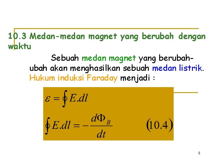 10. 3 Medan-medan magnet yang berubah dengan waktu Sebuah medan magnet yang berubah akan