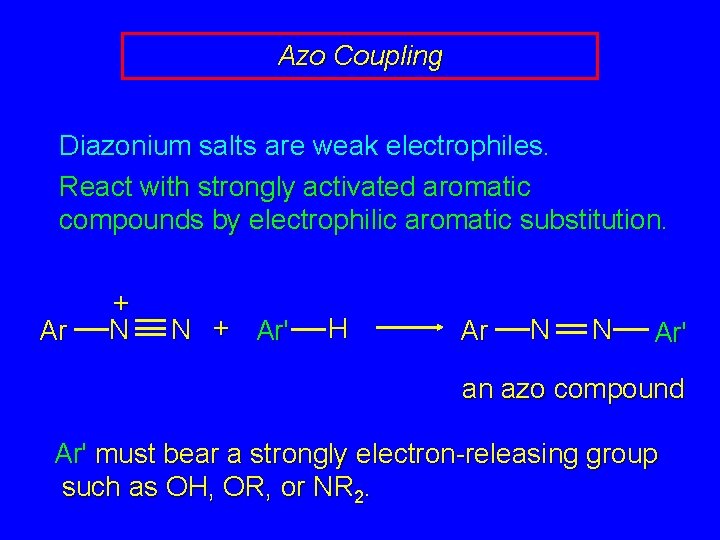 Azo Coupling Diazonium salts are weak electrophiles. React with strongly activated aromatic compounds by Azo Coupling Diazonium salts are weak electrophiles. React with strongly activated aromatic compounds by