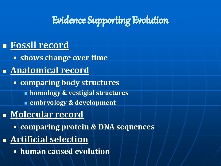 Evidence Supporting Evolution n Fossil record • shows change over time n Anatomical record