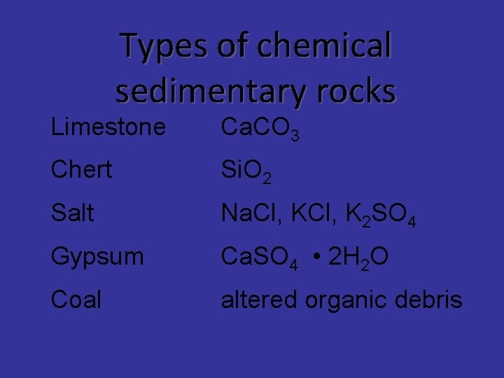 Types of chemical sedimentary rocks Limestone Ca. CO 3 Chert Si. O 2 Salt