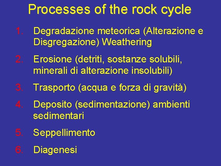 Processes of the rock cycle 1. Degradazione meteorica (Alterazione e Disgregazione) Weathering 2. Erosione
