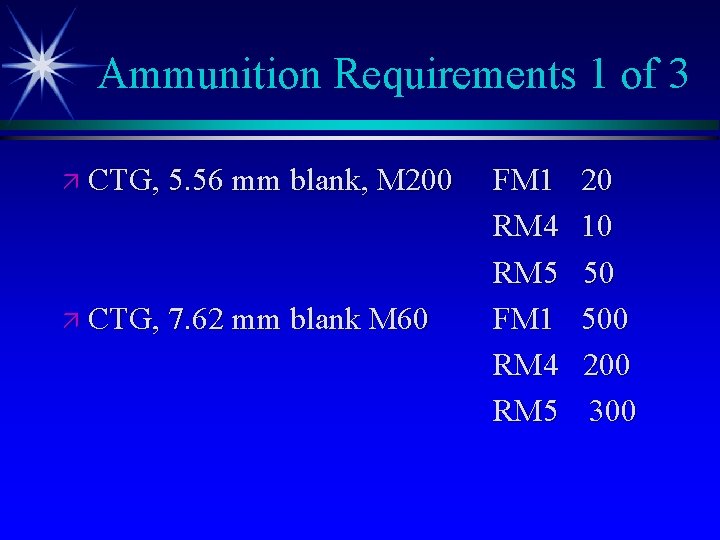 Ammunition Requirements 1 of 3 ä CTG, 5. 56 mm blank, M 200 ä