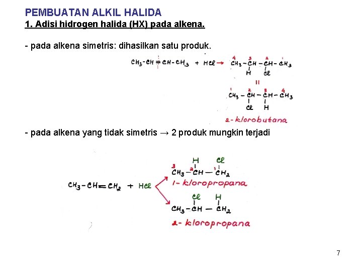 PEMBUATAN ALKIL HALIDA 1. Adisi hidrogen halida (HX) pada alkena. - pada alkena simetris: