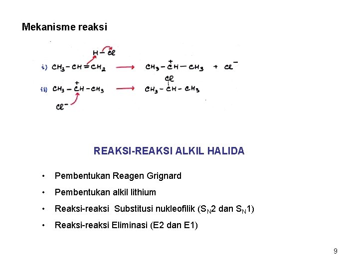 Mekanisme reaksi REAKSI-REAKSI ALKIL HALIDA • Pembentukan Reagen Grignard • Pembentukan alkil lithium •